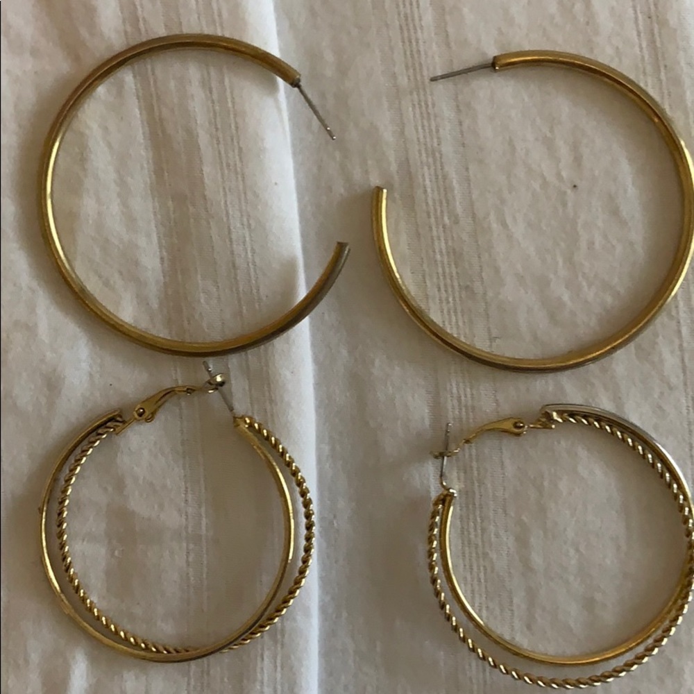 Two pairs gold hoop earrings